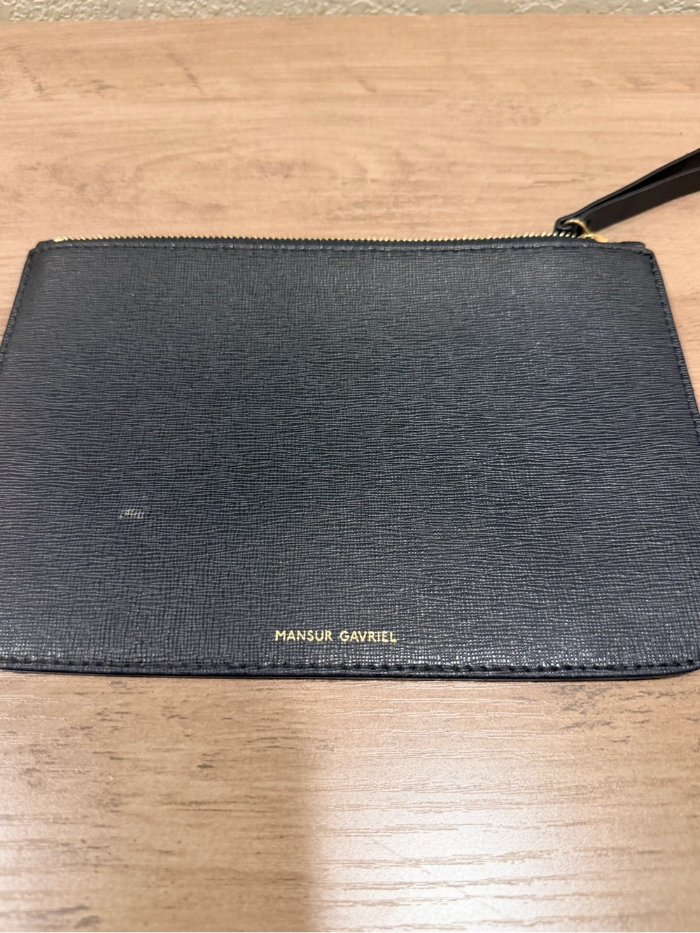 Mansur Gavriel Saffiano Black Textured Leather Zipper Pouch with Gold Logo